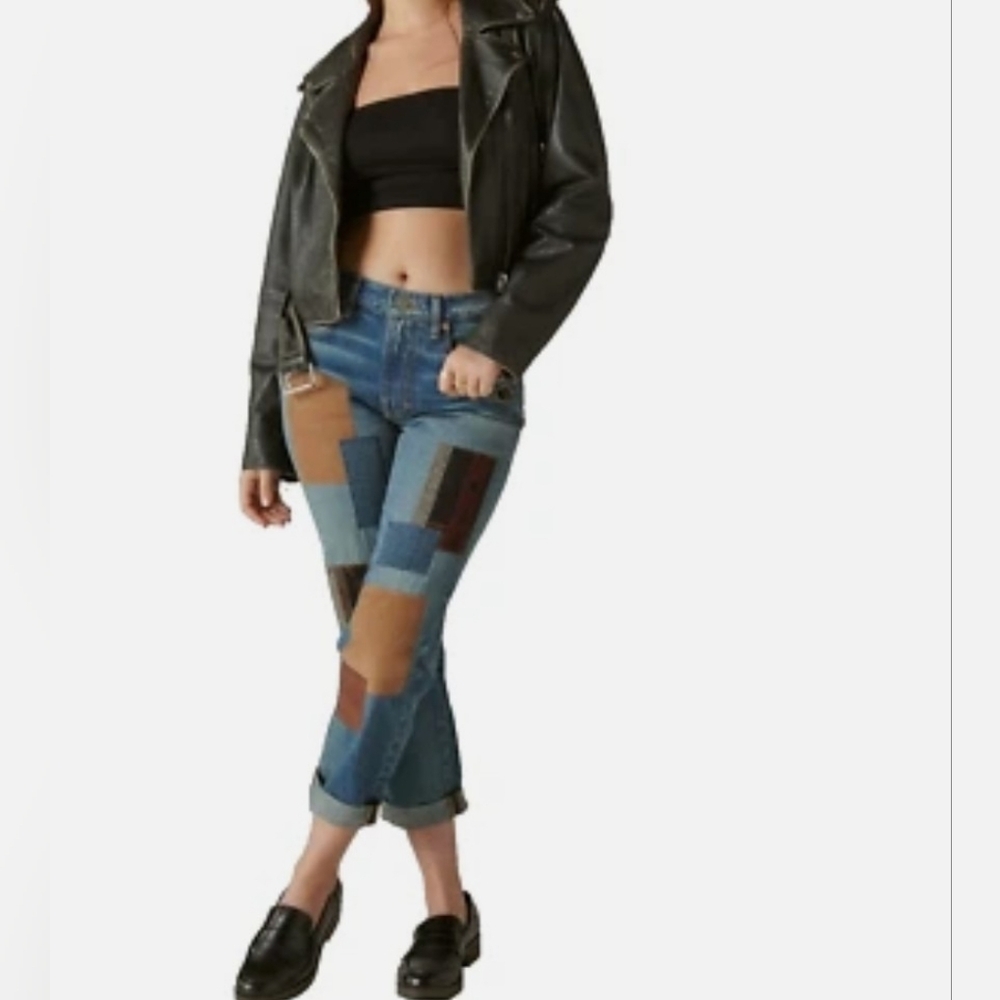 Lucky Brand Women's Patchwork Blue Denim Jeans with Brown Accents